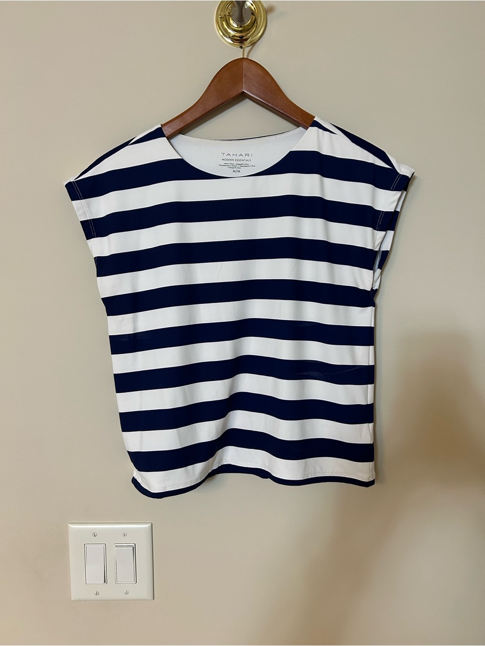 Tahari Navy and White Striped Short Sleeve Tee
